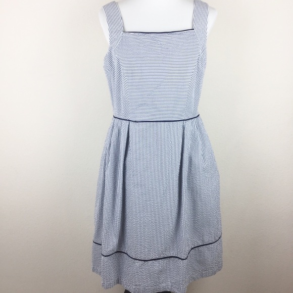 blue and white seersucker dress